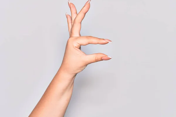 Mão Mulher Branca Jovem Pegar Tomar Coisa Invisível Segurando Objeto — Fotografia de Stock