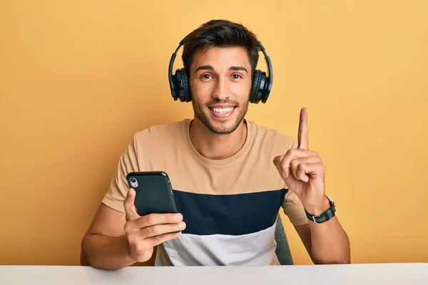 Young Handsome Man Using Smartphone Wearing Headphones Smiling Idea Question — Stock Photo, Image