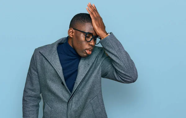 Young African American Man Wearing Business Clothes Glasses Surprised Hand — Stock Photo, Image
