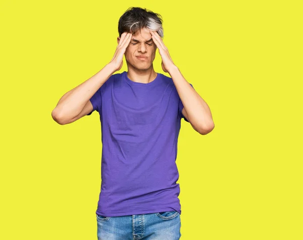 Young Hispanic Man Wearing Casual Clothes Suffering Headache Desperate Stressed — Stock Photo, Image