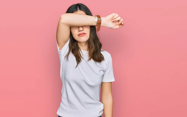 Young Beautiful Woman Wearing Casual White Shirt Covering Eyes Arm — Stock Photo, Image