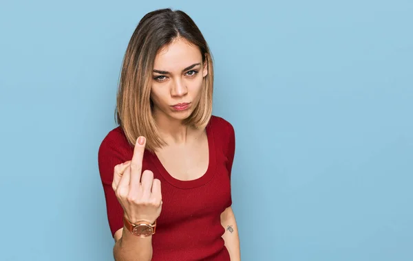 Young Blonde Girl Wearing Casual Clothes Showing Middle Finger Impolite — Zdjęcie stockowe