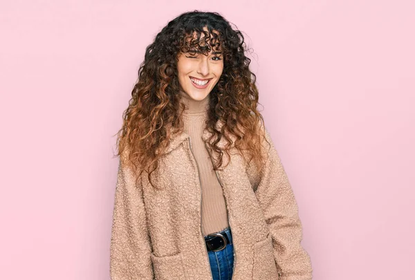 Young Hispanic Girl Wearing Winter Clothes Winking Looking Camera Sexy — Stock Photo, Image