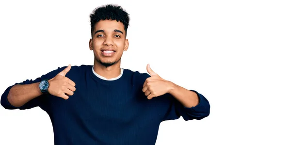 Young African American Man Wearing Casual Clothes Success Sign Doing — Stock Photo, Image