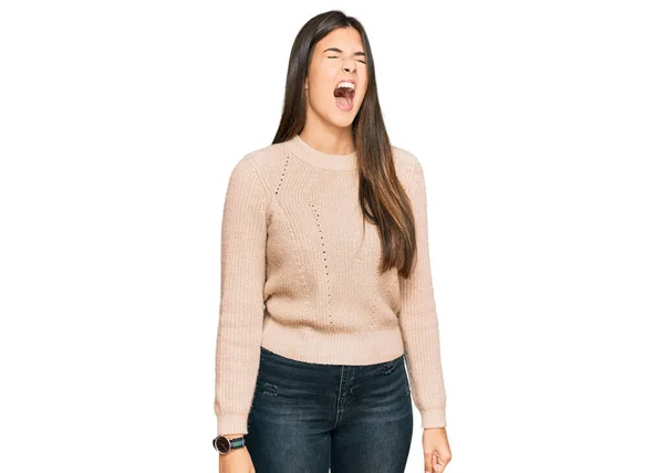 Young Brunette Woman Wearing Casual Winter Sweater Angry Mad Screaming — Stock Photo, Image