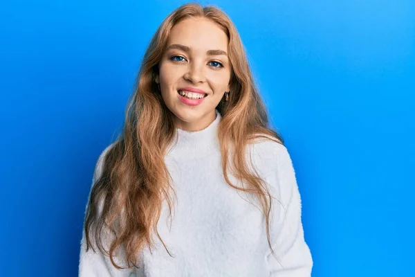 Beautiful Blonde Caucasian Woman Wearing Casual Winter Sweater Happy Cool — Stock Photo, Image