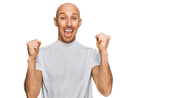 Bald Man Beard Wearing Casual White Shirt Celebrating Surprised Amazed — Stock Photo, Image