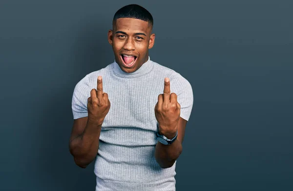 Young Black Man Wearing Casual Shirt Showing Middle Finger Doing — ストック写真