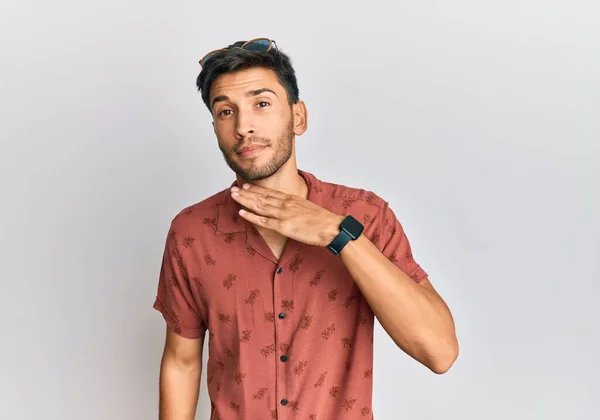 Young Handsome Man Wearing Casual Summer Clothes Cutting Throat Hand — Stock Photo, Image