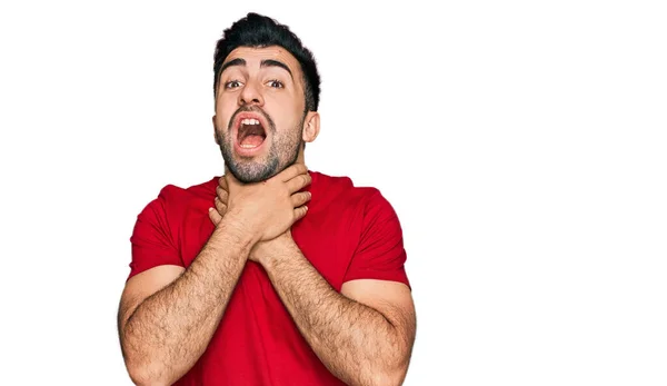 Hispanic Man Beard Wearing Casual Red Shirt Shouting Suffocate Because — Stock Photo, Image