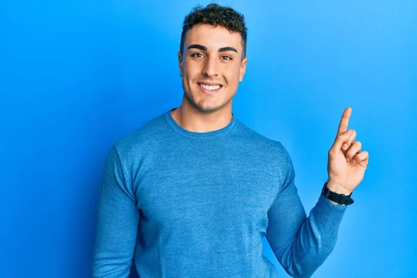 Hispanic Young Man Wearing Casual Winter Sweater Big Smile Face — Foto Stock