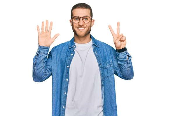 Young Caucasian Man Wearing Casual Clothes Showing Pointing Fingers Number — Stock Photo, Image