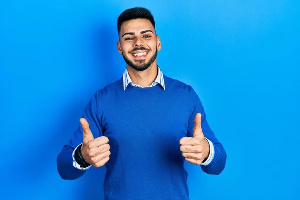 Young Hispanic Man Beard Wearing Casual Blue Sweater Success Sign — Stock Photo, Image