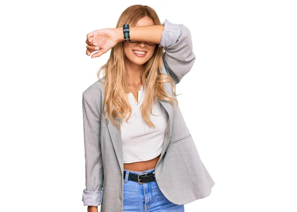 Beautiful Blonde Young Woman Wearing Business Clothes Covering Eyes Arm — Stock Photo, Image