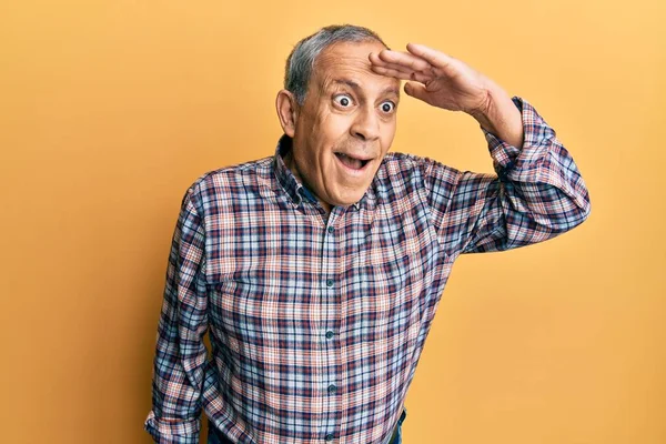 Gri saçlı, rahat tişörtlü, yakışıklı, mutlu ve tebessüm dolu bir adam. arama kavramı. 