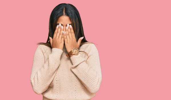 Young Latin Girl Wearing Wool Winter Sweater Rubbing Eyes Fatigue — Stock Photo, Image