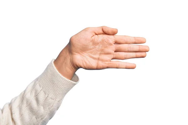 Hand Caucasian Young Man Showing Fingers Isolated White Background Stretching — Stock Photo, Image