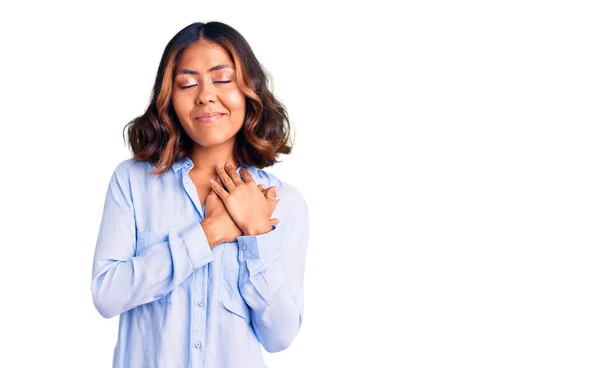 Young Beautiful Mixed Race Woman Wearing Casual Business Shirt Smiling — Stock Photo, Image