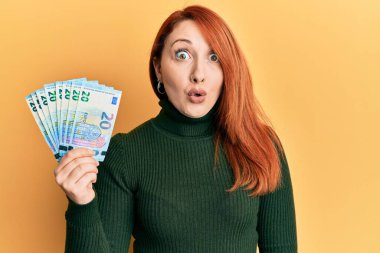Güzel kızıl saçlı kadın elinde 20 avroluk banknotlar tutuyor. Şaşırtıcı bir şekilde korkmuş ve hayrete düşmüştü. İnanmayan yüz. 