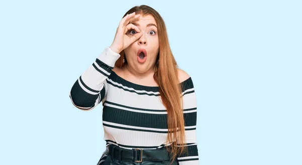 Young Beautiful Redhead Woman Wearing Elegant Clothes Doing Gesture Shocked — Stock Photo, Image