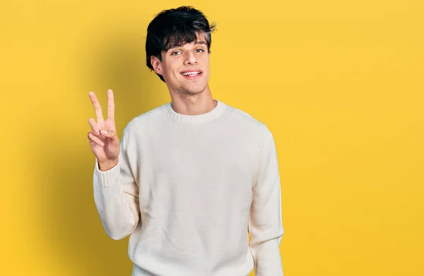 Handsome Hipster Young Man Wearing Casual Winter Sweater Showing Pointing — Stock Photo, Image