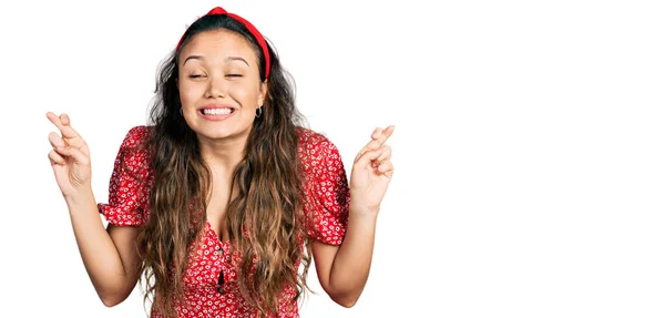 Young Hispanic Girl Wearing Casual Clothes Gesturing Finger Crossed Smiling — Stock Photo, Image