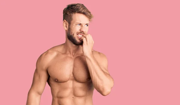 Young Caucasian Man Standing Shirtless Looking Stressed Nervous Hands Mouth — Stock Photo, Image