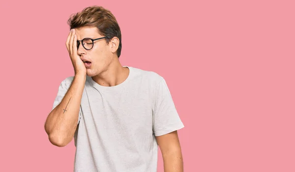 Handsome Caucasian Man Wearing Casual Clothes Glasses Yawning Tired Covering — Stock Photo, Image