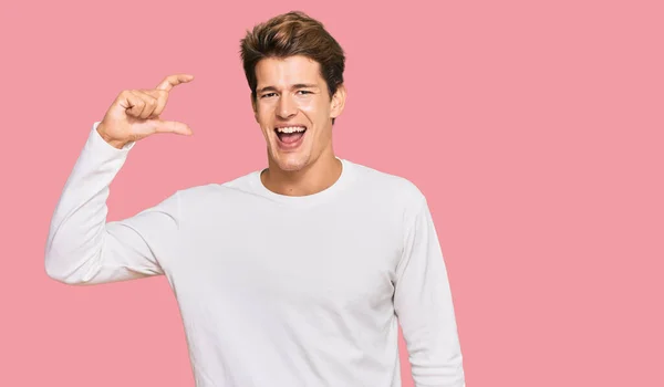 Handsome Caucasian Man Wearing Casual White Sweater Smiling Confident Gesturing — Stock Photo, Image