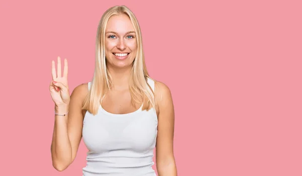 Young Blonde Girl Wearing Casual Style Sleeveless Shirt Showing Pointing — Stock Photo, Image
