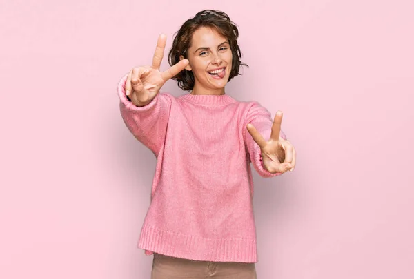 Mulher Hispânica Jovem Vestindo Roupas Casuais Sorrindo Com Língua Para — Fotografia de Stock