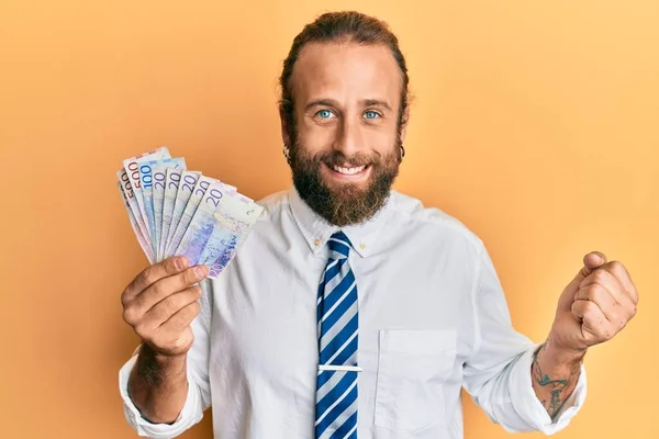 Handsome Man Beard Long Hair Holding Swedish Krona Banknotes Screaming — Stock Photo, Image
