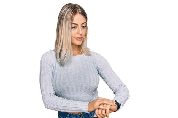 Beautiful Blonde Woman Wearing Casual Clothes Checking Time Wrist Watch — Stock Photo, Image