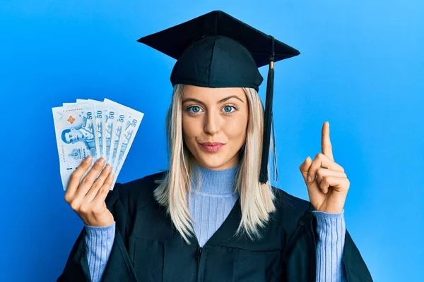 Beautiful Blonde Woman Wearing Graduation Cap Ceremony Robe Holding Thailand — Stock Photo, Image