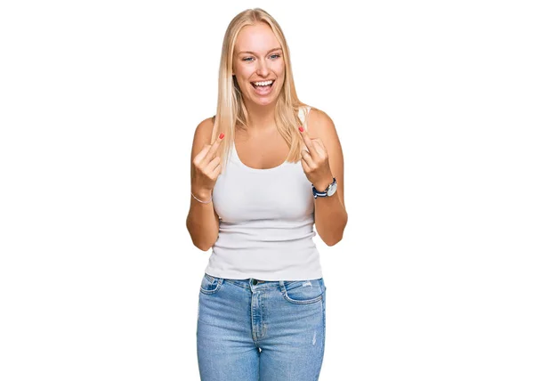 Young Blonde Girl Wearing Casual Style Sleeveless Shirt Showing Middle — Foto Stock
