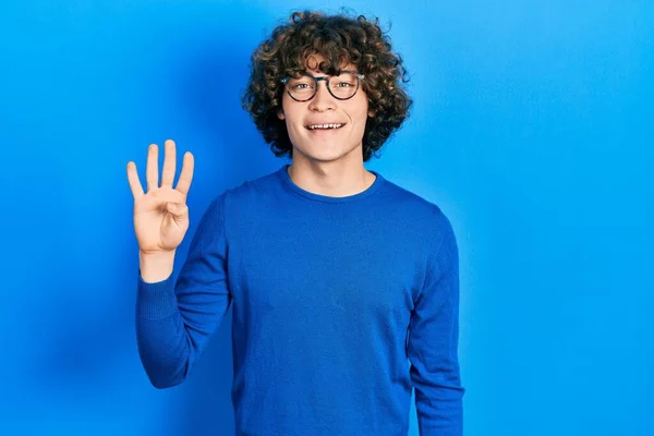 Handsome Young Man Wearing Casual Clothes Glasses Showing Pointing Fingers — Stock Photo, Image