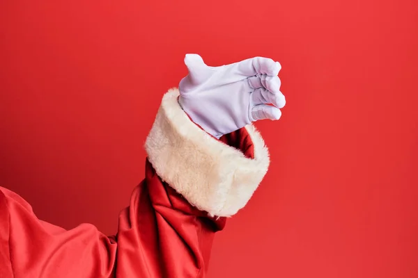 Mano Hombre Vestido Con Traje Guantes Santa Claus Sobre Fondo —  Fotos de Stock