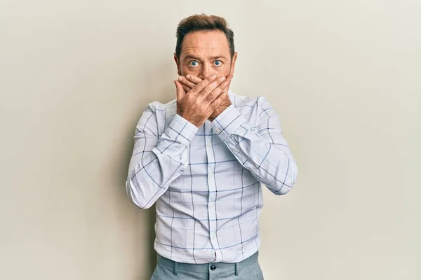 Middle Age Man Wearing Business Clothes Shocked Covering Mouth Hands — Stock Photo, Image