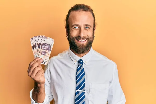 Handsome Business Man Beard Long Hair Holding 500 Mexican Pesos — Stock Photo, Image