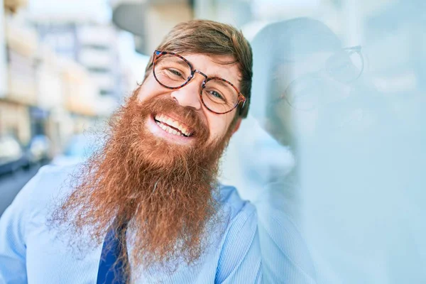 Young Handsome Redhead Businessman Wearing Elegant Clothes Smiling Happy Leaning — Stock Photo, Image