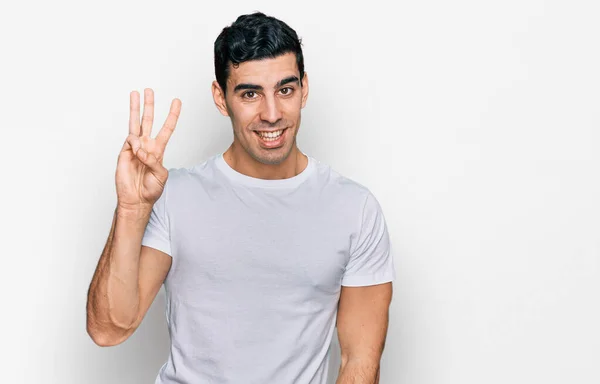 Hombre Hispano Guapo Usando Camiseta Blanca Casual Mostrando Apuntando Hacia — Foto de Stock