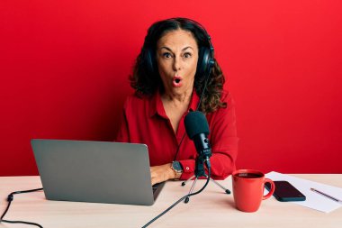 Güzel orta yaşlı kadın radyo stüdyosunda çalışıyor. Şaşırmış ve korkmuş bir ifade, korku ve heyecanlı bir yüz ifadesi var.. 