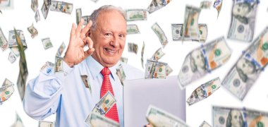 Kıdemli, gri saçlı, kravat takan, dizüstü bilgisayar kullanan, parmaklarıyla imza atan, gülümseyen, arkadaşça hareketler yapan, mükemmel bir sembol.