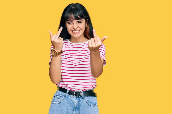 Young Hispanic Girl Wearing Casual Clothes Showing Middle Finger Doing — ストック写真