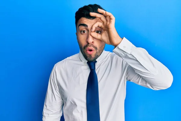 Young Hispanic Man Wearing Business Clothes Doing Gesture Shocked Surprised — Stock Photo, Image