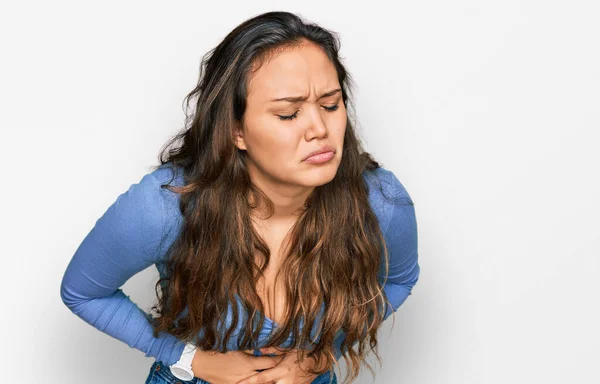 Young Hispanic Girl Wearing Casual Clothes Hand Stomach Because Indigestion — Stock Photo, Image