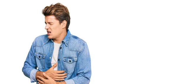 Handsome Caucasian Man Wearing Casual Denim Jacket Hand Stomach Because — Fotografia de Stock