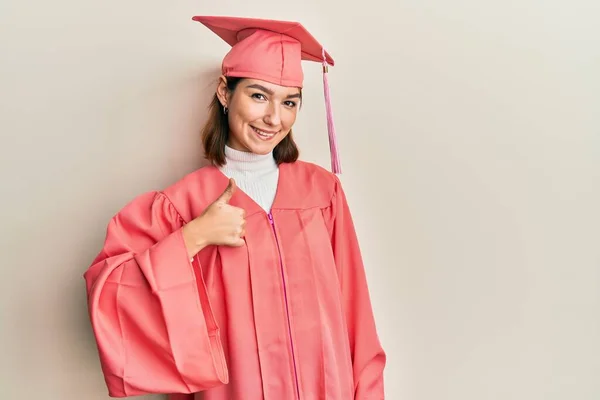 Young Caucasian Woman Wearing Graduation Cap Ceremony Robe Doing Happy — 스톡 사진