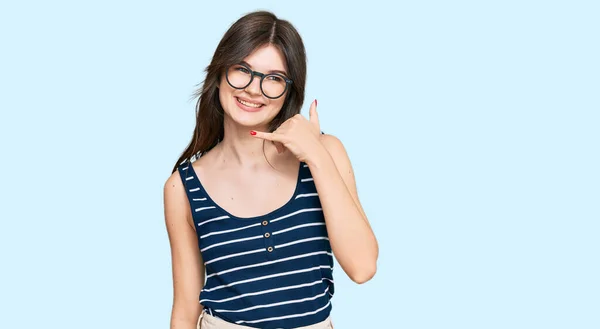 Young Beautiful Caucasian Girl Wearing Casual Clothes Glasses Smiling Doing — 스톡 사진