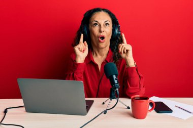 Radyo stüdyosunda çalışan orta yaşlı güzel bir kadın şaşkın şaşkın yukarı bakıyor ve parmaklarıyla işaret ediyor ve kollarını kaldırıyor.. 